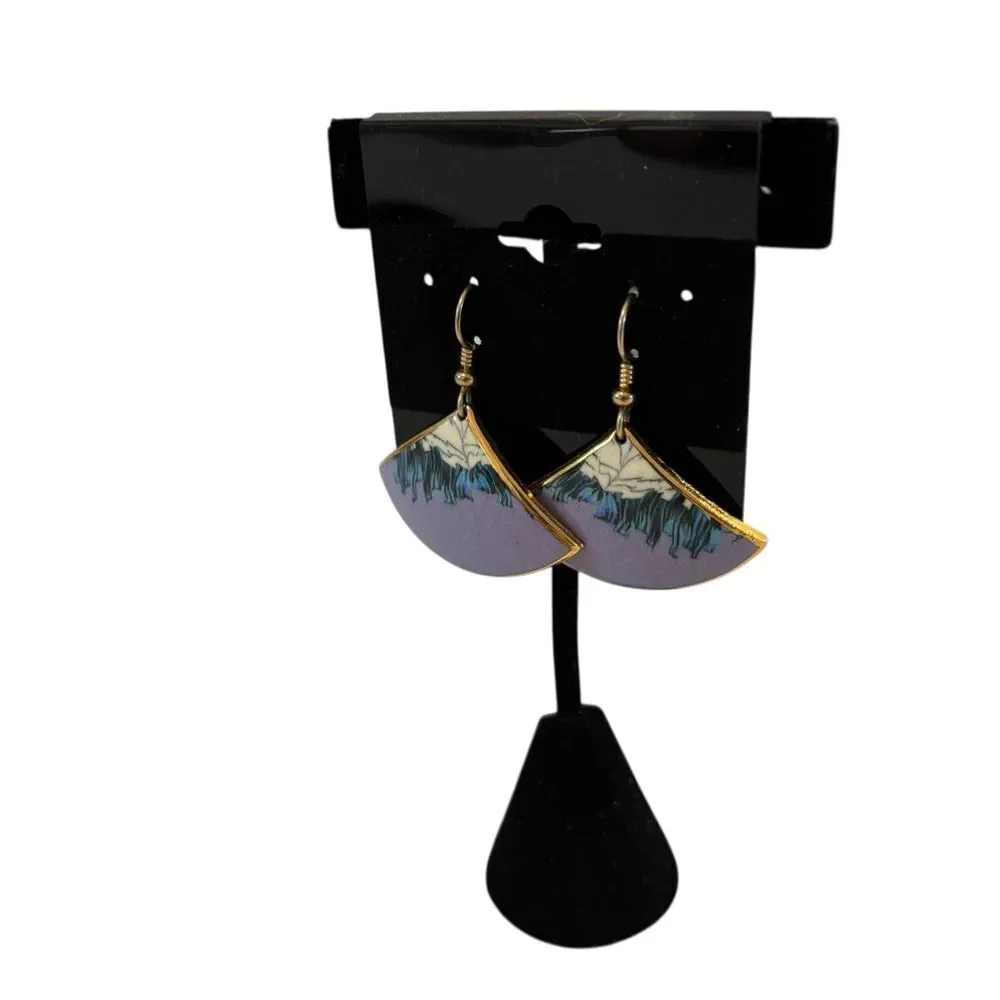 Elegant Vtg. Hand Painted Rose Gold Trimmed White, Blue & Lavender Fan Earrings
